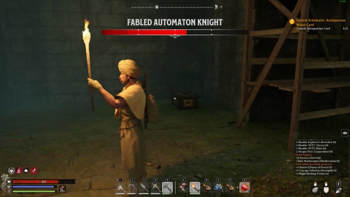 A Nightingale character stands near a hidden treasure box containing potions